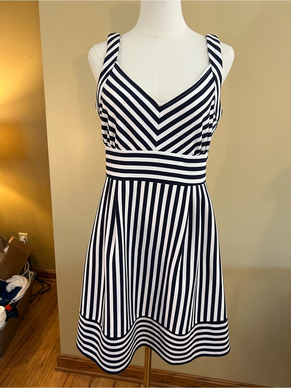 Striped Nacy and White V-Neck Sleeveless Dress